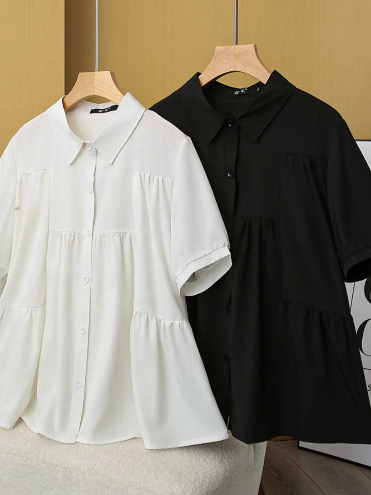 

plus Size Design Sense Pleated Panel Slimming Waist Doll irt Women Summer Loose Personali Bubble Sve Blouse Korean Sle
