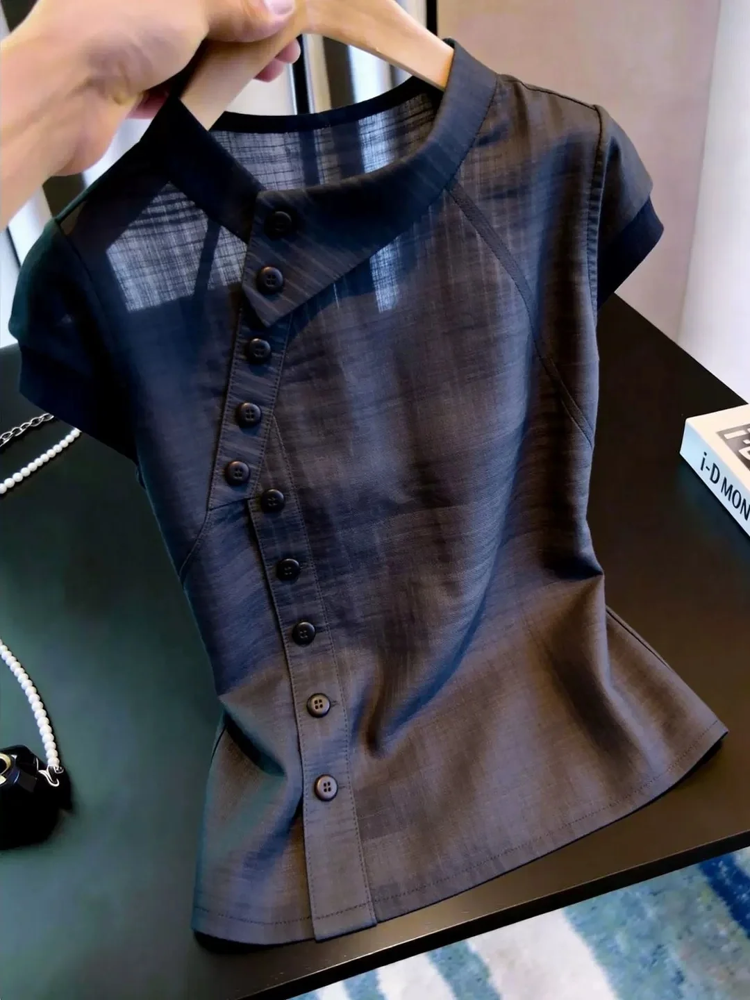 

Summer 2026 Pure Color Versatile Minimalist Short Sleeve Shirt Fashionable Personality Small Design Trendy Top Korean Style