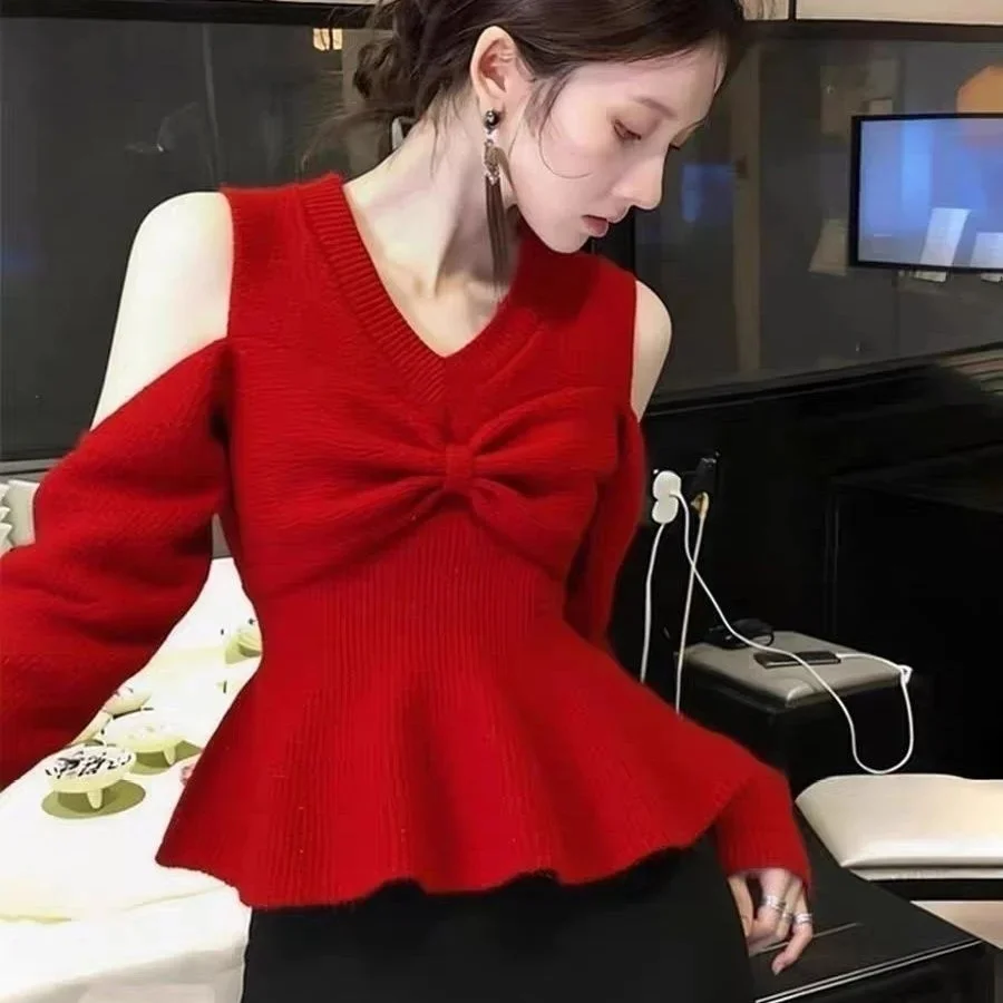 

2025 Fall Winter Oversized Bowknot Sweater Wool Blend Chunky Knit Lazy Fit Grey Pullover Top