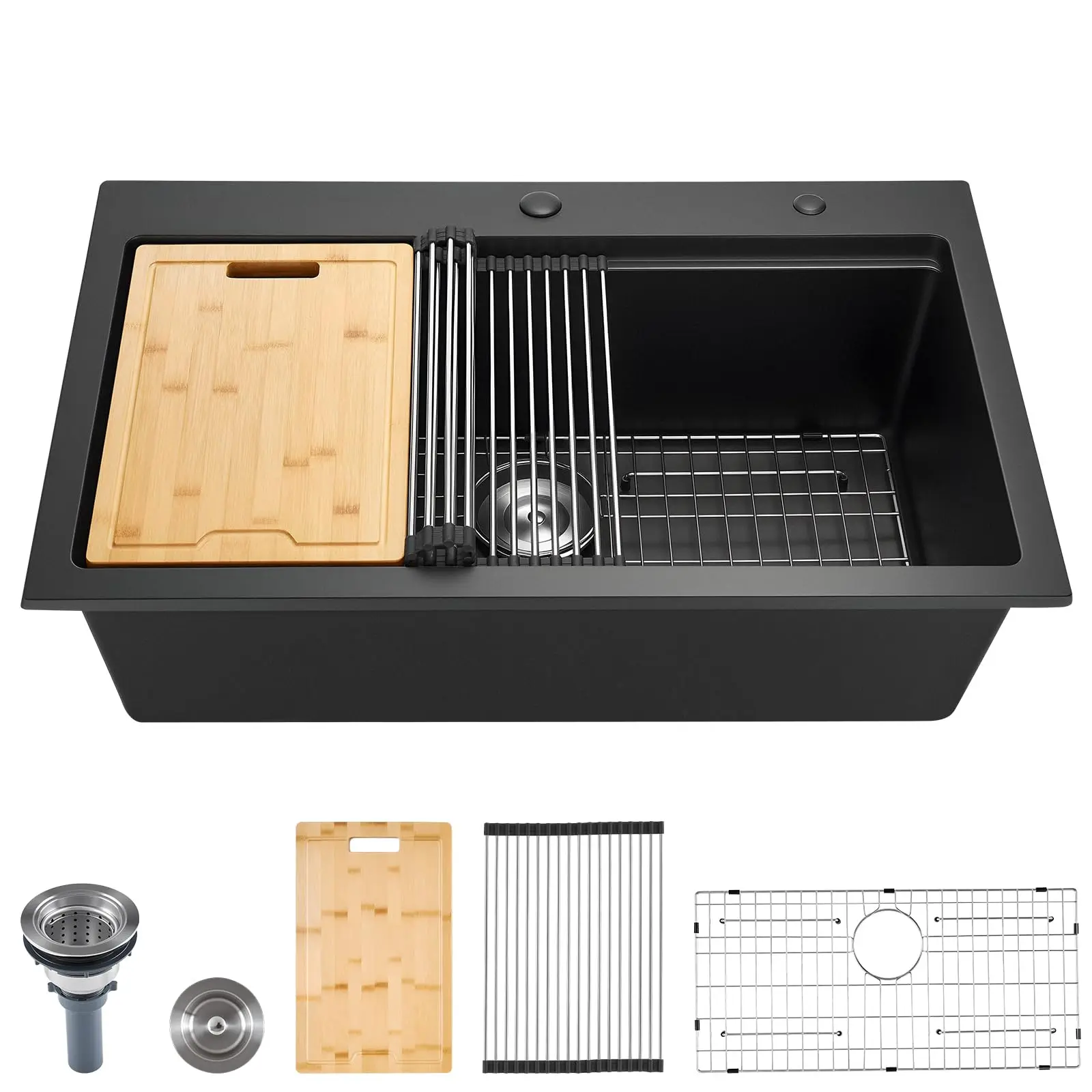 

33 Inch Granite Drop-In Single Basin Kitchen Sink With Bamboo Cutting Board, Roll-Up Rack, Grid And Strainer