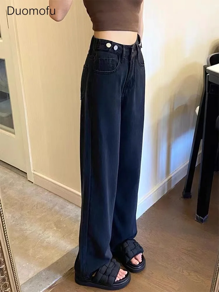 Duomofu Black Basic High Waist Slim Chic Button Women Jeans Autumn Loose Fashion Full Length Simple Casual Straight Female Jeans