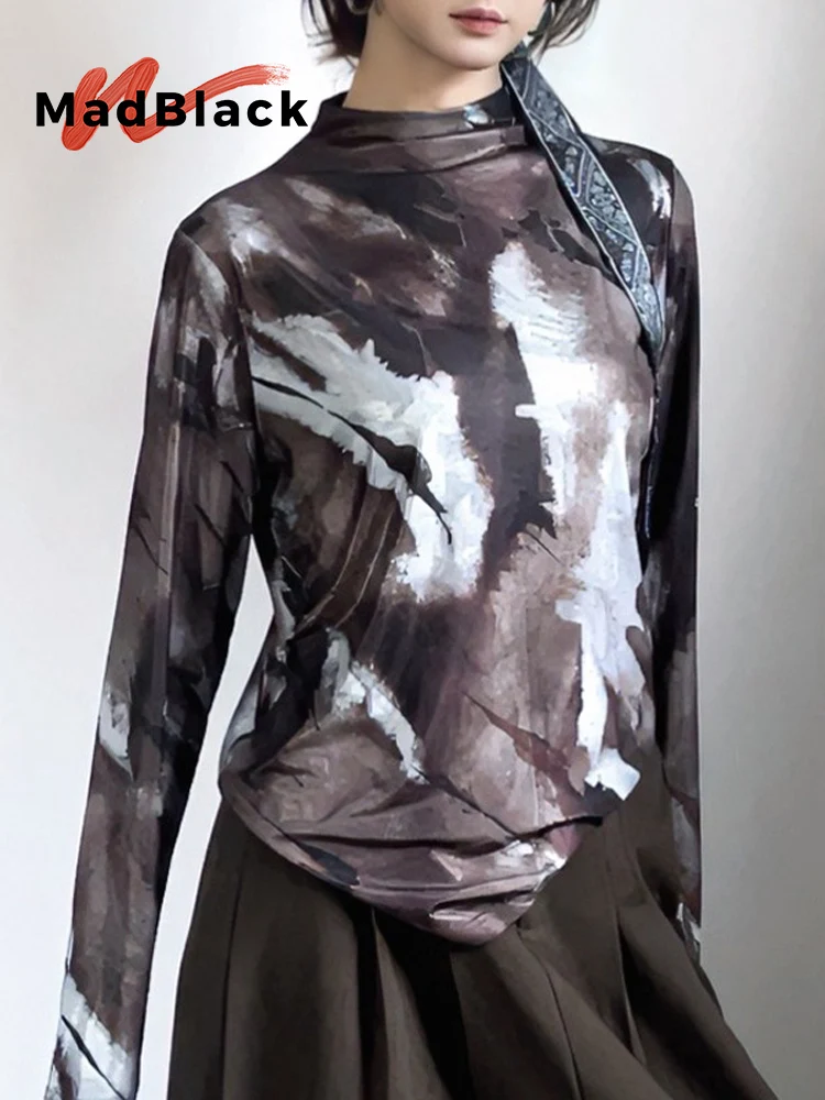 

MadBlack-Women European T-Shirt, Sexy Turtleneck Print, Fashion Modern Long Sleeve Slim M-2XL Elastic Tee, 2025 Winter T5N542CC