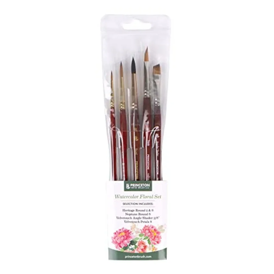 

Artist Brush Co. Watercolor Floral Set - 5pc Short Handle Selection of Synthetic Watercolor Brushes - Petals Angle Shader and 3