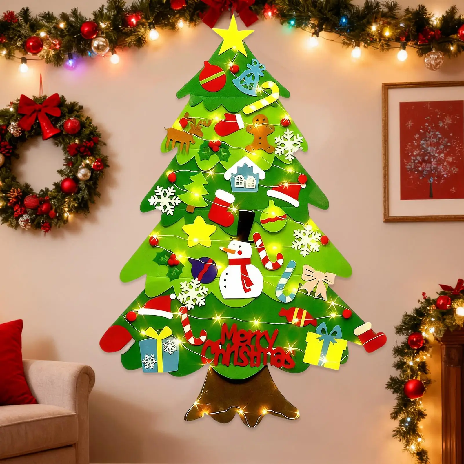 ต้นคริสต์มาสผ้าสักหลาด 40 นิ้ว พร้อมไฟ LED ของเล่นงานฝีมือ ต้นคริสต์มาสสำหรับเด็กเล็ก เด็กวัยหัดเดิน เด็กเล็ก ห้องเรียน บ้าน ตกแต่งผนังภายใน