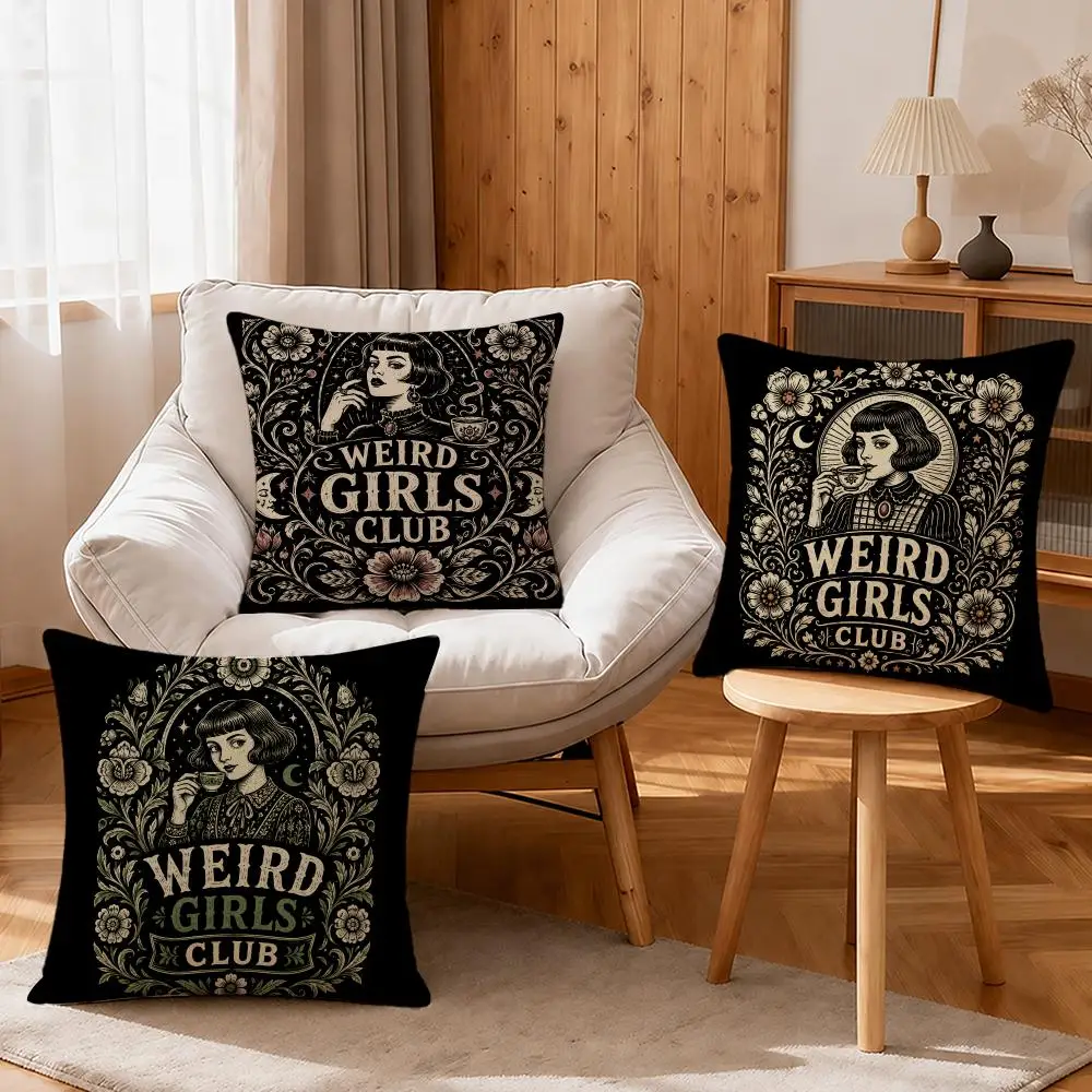 Art Weird Girls Club Dark Gothic Vintage Cushion Cover Linen Anti-Mite Antibacterial Cushion Cover Invisible Zipper Sofa Decor