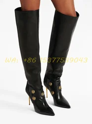 Pointed Toe Over The Knee Boots Cross Belt Metal Buckle Detail Stiletto Heels Slim Leather Women Sexy Elegant Shoes All Seasons