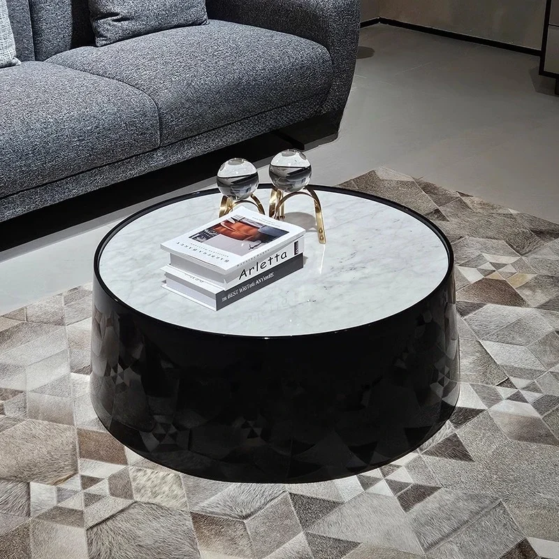 

3Italian modern minimalist natural marble round black coffee table piano paint light luxury high sense