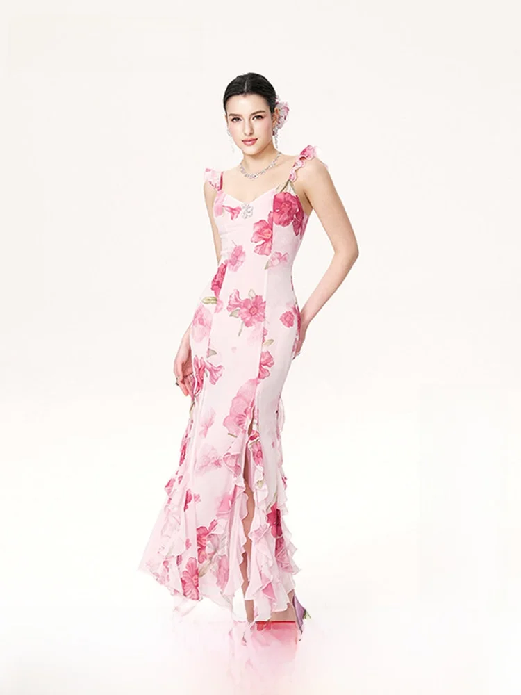 

NanaJacqueline Floral Print ter Dr Women's New Wave Skirt Long Dr with Chest Pin Summer Vaion Polyester Fiber