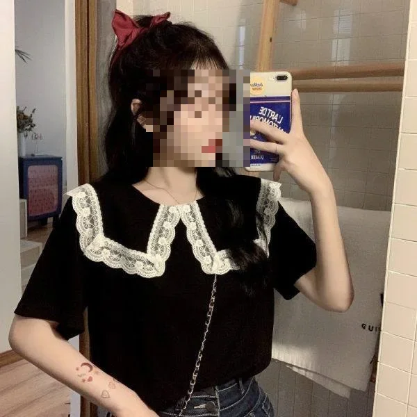 Lace lace doll collar short sleeve T-shirt women\'s thin summer 2023 new design sense niche cropped top