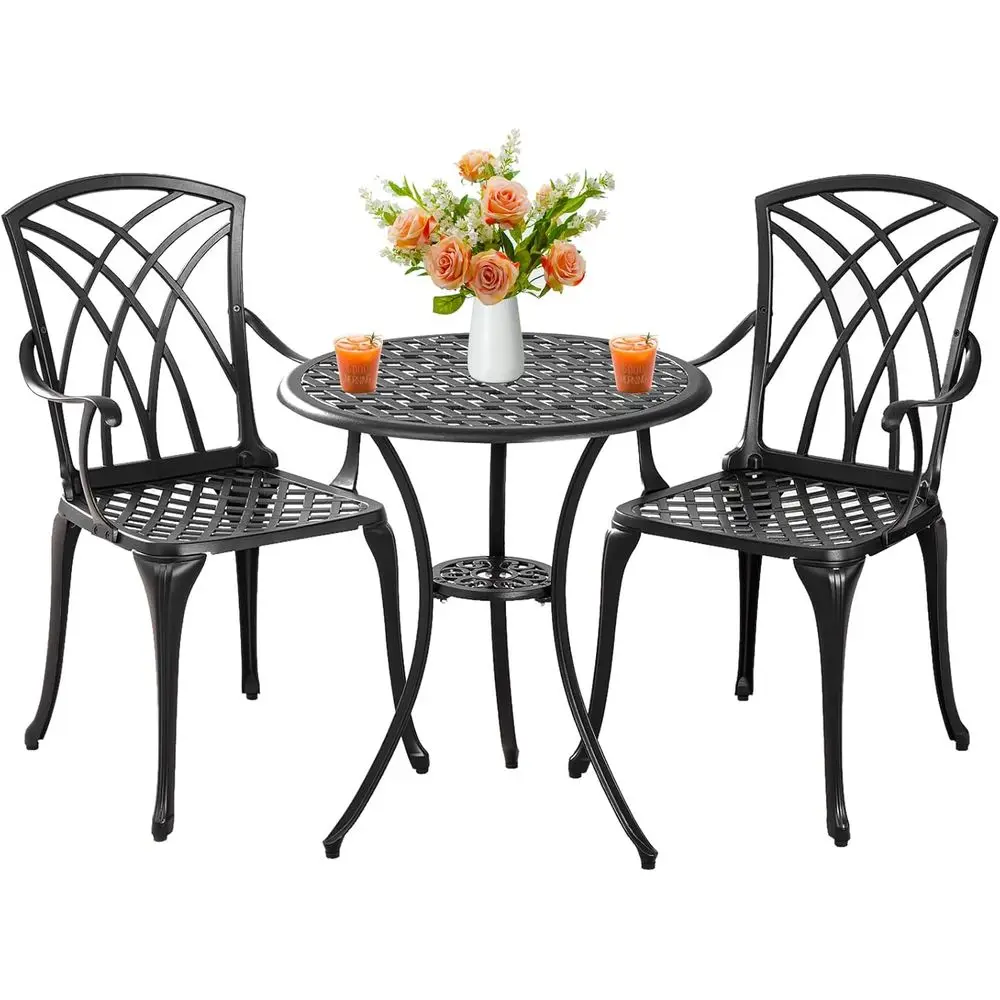 

All-Weather Cast Aluminum 3-Piece Bistro Set: Black Patio Furniture for Outdoor Garden Use