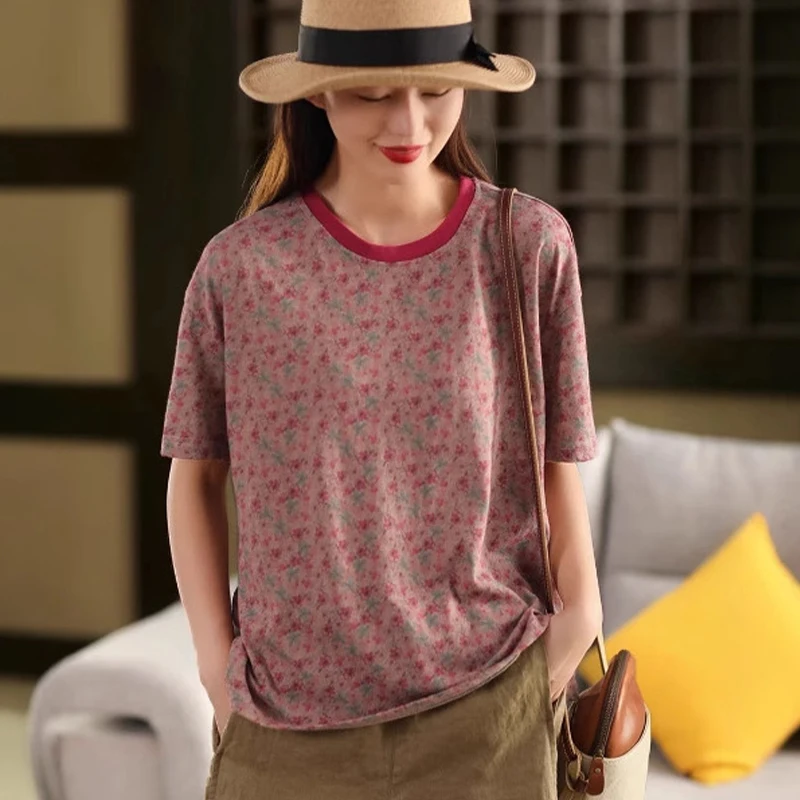 Mass Wass 2025 Zomer Vrouwtjes Mode Vintage Bedrukte T-shirts Dames Klassieke Losse Bloemenkleding Vrije tijd Elegante Katoenen Tops