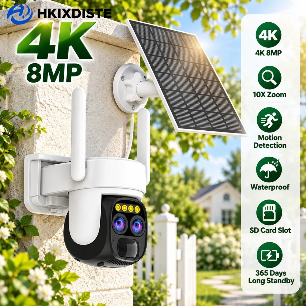 Motion Detection Camera 4K 8MP with Dual Lens 10X Zoom Solar Panel and SD Card Slot for Outdoor Surveillance of Houses and Yards