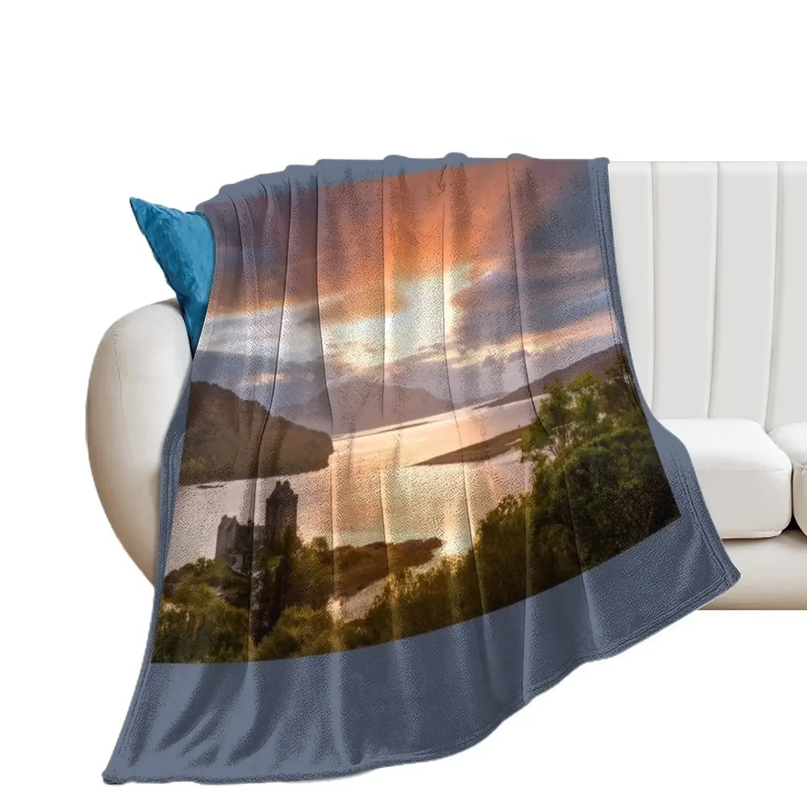 Eilean Donan Castle Sunset Sunbeams Carr Brae Scotland. Throw Blanket Sleeping Bag Beach Blankets