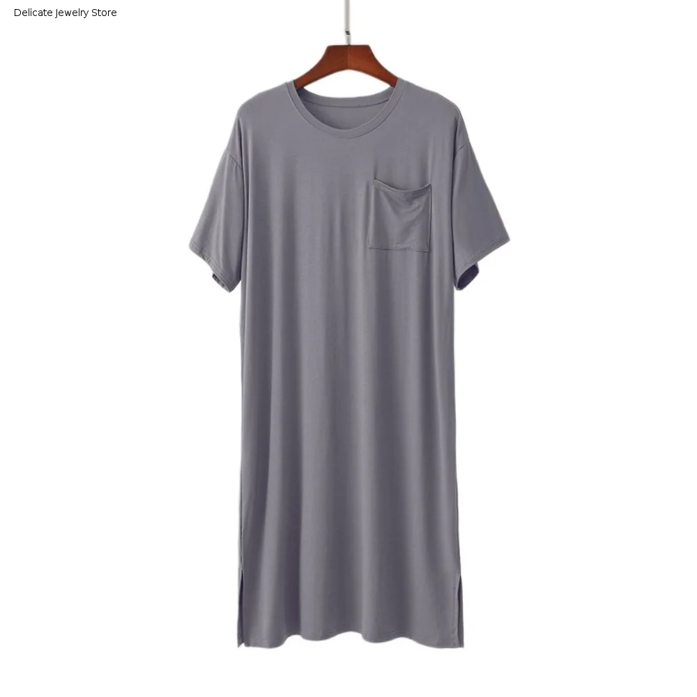 Homewear Knee-Length Men's Sleeping Dress Elastic Plus Size Night-robe with Pocket Oversized Bathrobe Travel