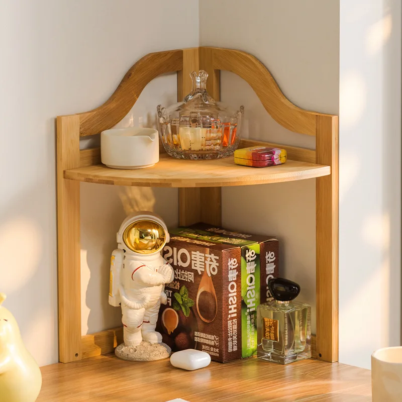 Kitchen spice bottle rack, solid wood tabletop vintage cup holder, makeup and coffee tea set corner shelf