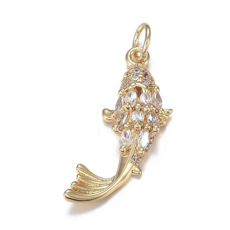 1 Piece Brass Ocean Jewelry Pendant Carp Fish Gold Plated Enamel Lucky Fish 3D Red Cubic Zirconia For DIY Necklace Making