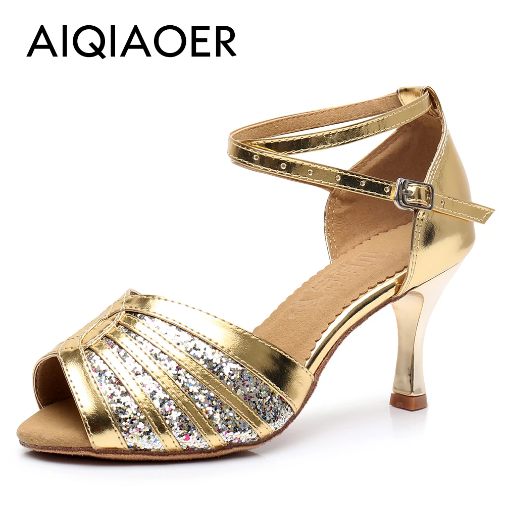 

Latin dance shoes Women Light Gold Flash Glitter High Heel Salsa Party Performance Ballroom dancing shoes NetWomen's dance shoes