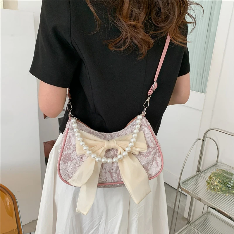 Parel Vrouwelijke Tas Retro Luxe Designer Handtas Strik Crossbody Tassen Mode Canvas Dames Trend Schoudertas Portemonnees