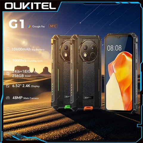 OUKITEL G1 Rugged Phone - 10600mAh, 24(6+18)GB+256GB, 6.52" Display, IP68 Waterproof, NFC Smartphone, Android 14,48MP Camera