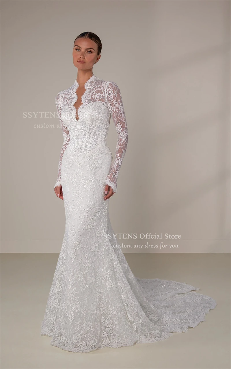 SSYTENS Abiti da sposa in pizzo di lusso maniche lunghe scollo a V abito da sposa staccabile fiocco treno guaina abiti da sposa a sirena personalizzati