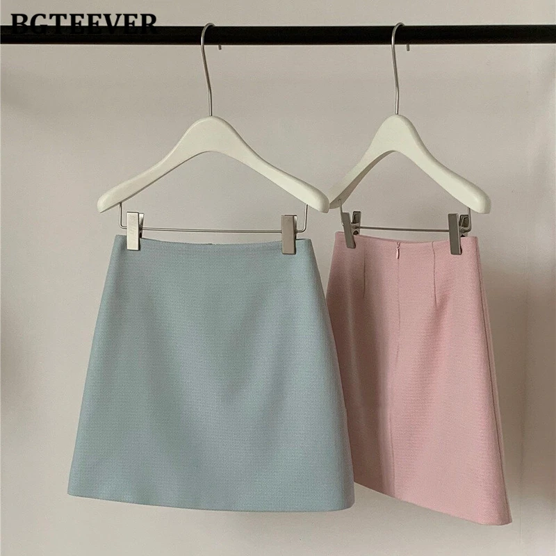 BGTEEVER Summer Loose Women Skirt Suits Short Sleeve Single-breasted Suit Jackets & A-line Mini Skirts Female