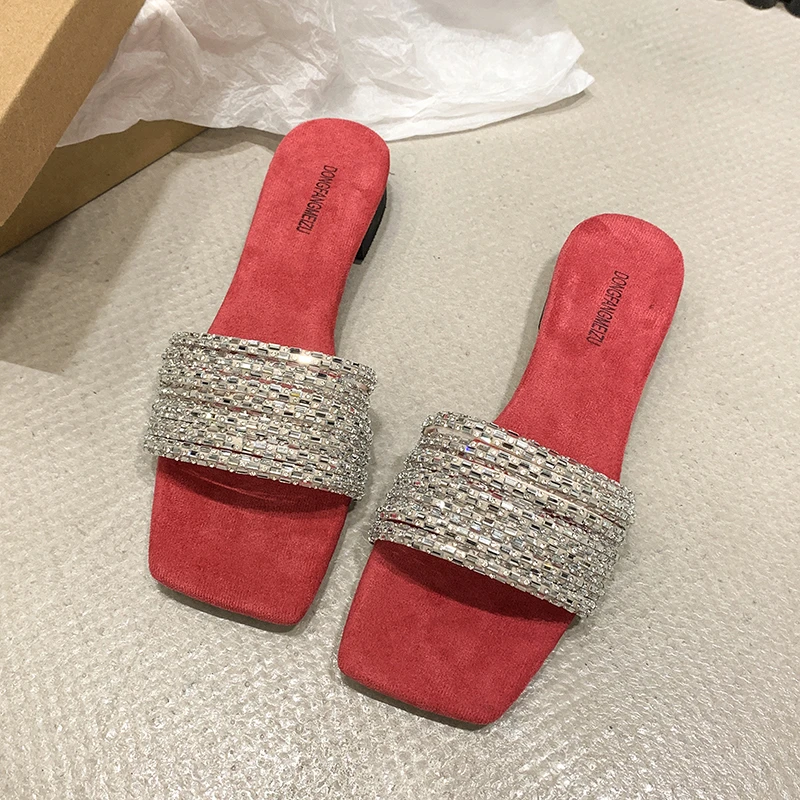 Women's Rhinestone Flat Slide Sandals, Glitter Square Open Toe Non Slip Shoes, Outdoor Beach Slides