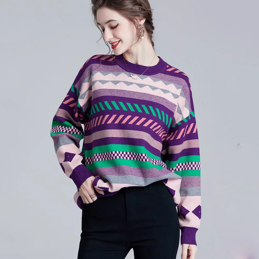 

New Women Contrast Color Patchwork Loose Sweater Autumn Winter Fashion O-Neck Drop-Shoulder Casual Knitted Pullover Tops