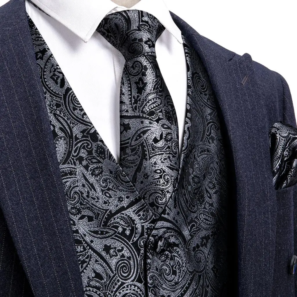 Luxury Silk Vest Man Dress Black Silver Spring Wedding Slim Waistcoat Tie Hanky Cufflinks Set Suit Sleeveless Jacket Barry Wang