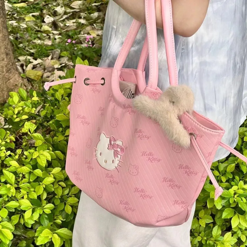 Hello Kitty Sanrio Y2k Shoulder Bag Kawaii Cartoon Embroidered Pink Handbag Casual PU Leather Large Capacity Tote Bags For Women