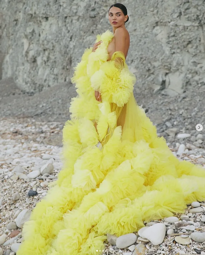 

Ombre Yellow Balls Layered Jacket Dress Tiered Ruffle Tulle Women Dresses with Sleeves Extra Lush Transparent