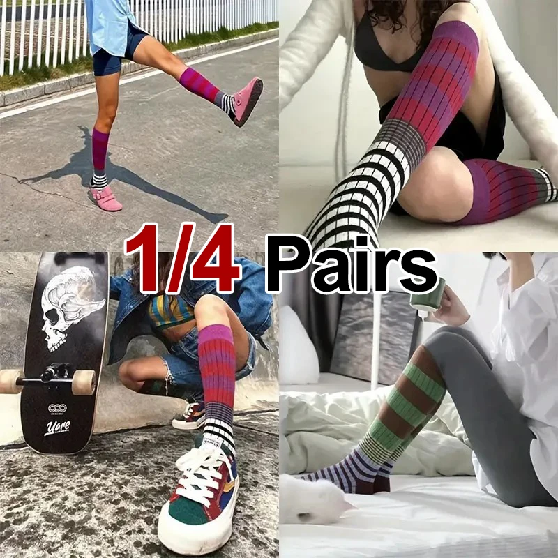 

1/4 пары осенне-зимних женских носков до середины икры в градиентную полоску, модные теплые удобные гольфы в студенческом стиле в стиле ретро