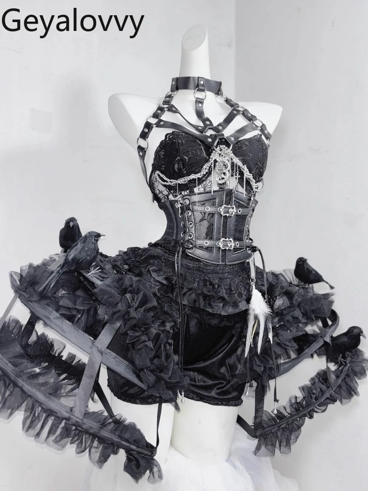 

Оригинальный чистый черный готический корсет в японском стиле, укороченные топы с 3D кружевной короткой юбкой, шорты с эластичной резинкой на талии, уникальный комплект