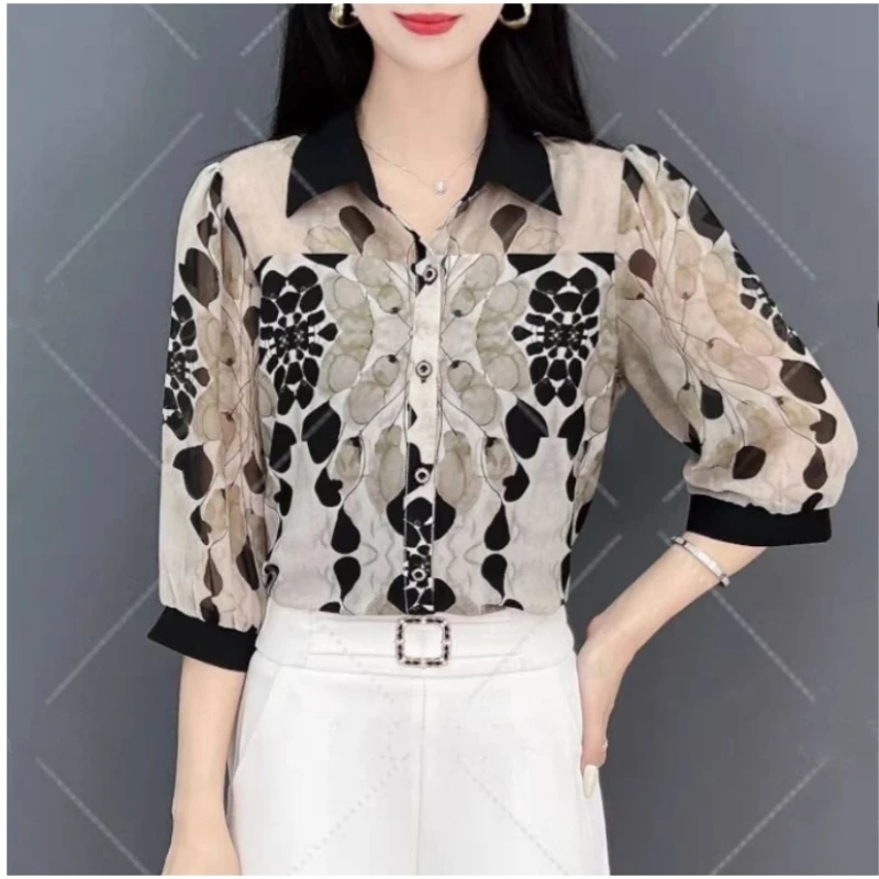 2024 Spring/Summer New High End Pendant Feeling Anti Wrinkle Chiffon Shirt Women\'s Satin New Chinese Style Fashion Printed Top