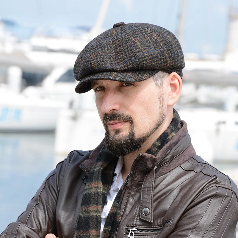 

Woolen Hat Men's High-Grade Tweed Octagonal Cap British Autumn and Winter Herringbone and Plaid Patterns Berets Caps for Men