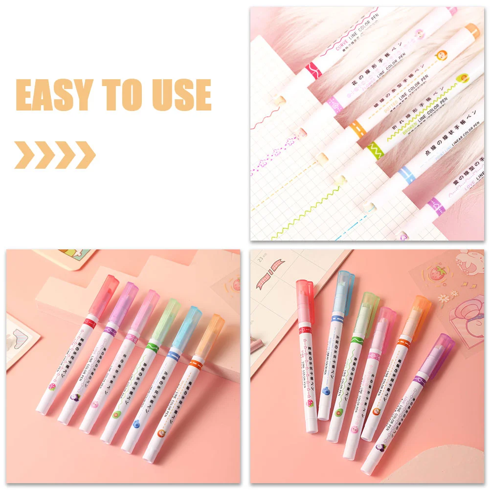 6 Pcs Linear Highlighter Cute Highlighters Liquid Book Coloring Pens Marker Curve Office Supplies Seal