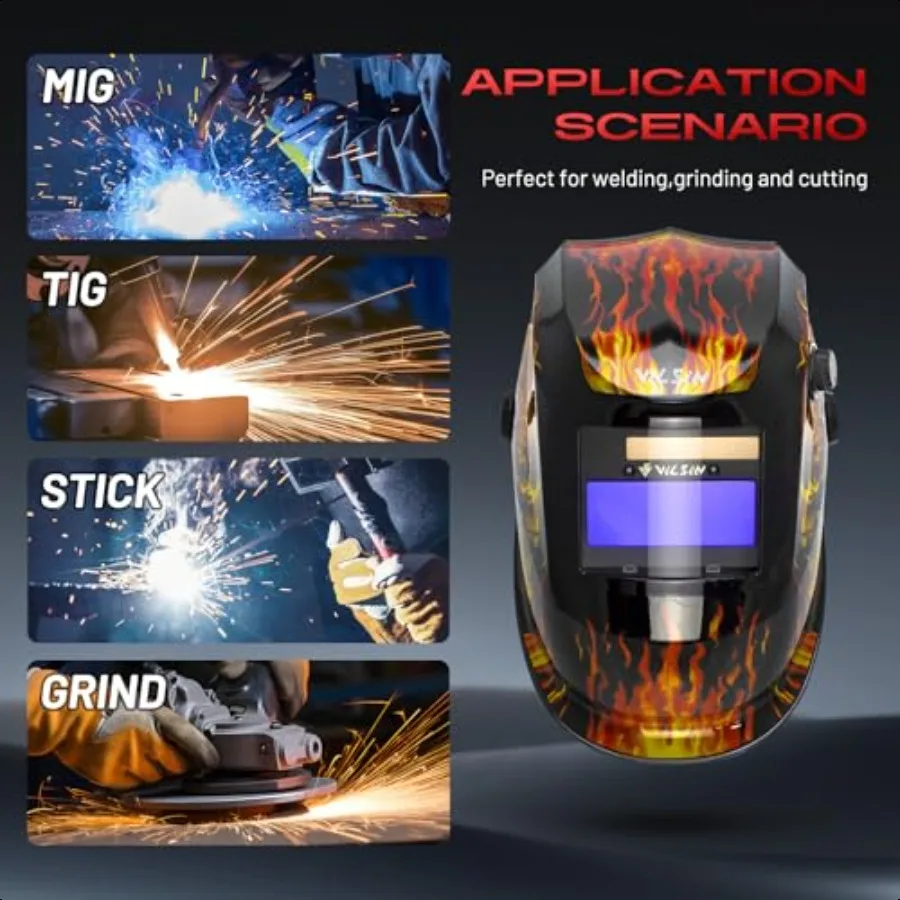 VILSIN True Color Auto Darkening Welding Helmet With Flames Welding Mask Large View Wide View Welding Hood With 2 Arc SensorWid