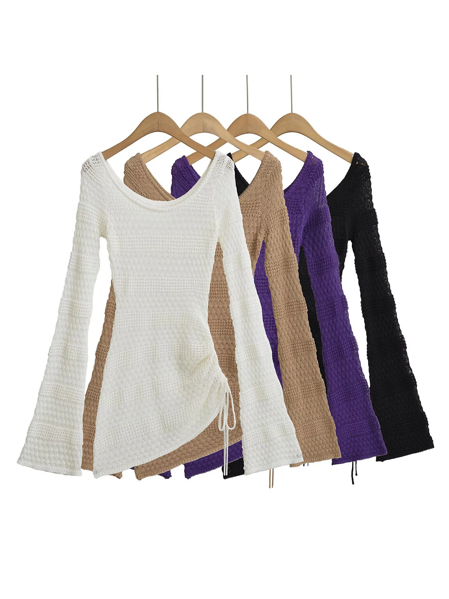 Women's Purple Flare Sleeve T-shirt 2000s Vintage Y2K Gyaru Long Sleeve T Shirt Hollow Out Knit Tee Top for Women Summer 2026