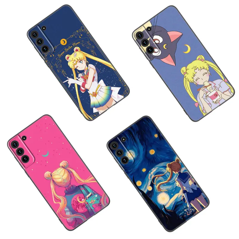 Cute S-Sailor Moon Black Silicone Phone Case For Samsung Galaxy S23 S21 S20 FE S24 S22 Ultra S10E S10 S9 S8 Plus