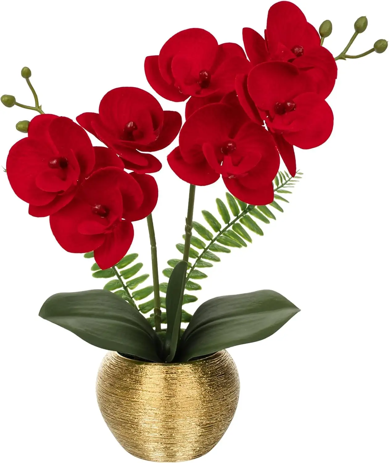 

Red Silk Orchid Fake Flowers 13'' with Gold Pot - Faux Orchid Arrangement for Home Office Table Decor