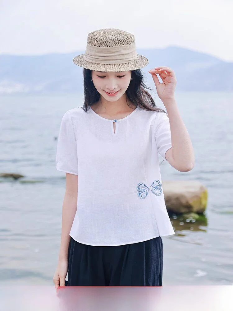 

Новая женская льняная блузка Red Enlightenment: повседневная, свободного кроя, с коротким рукавом, круглым вырезом, однотонная, на пуговицах, летняя.