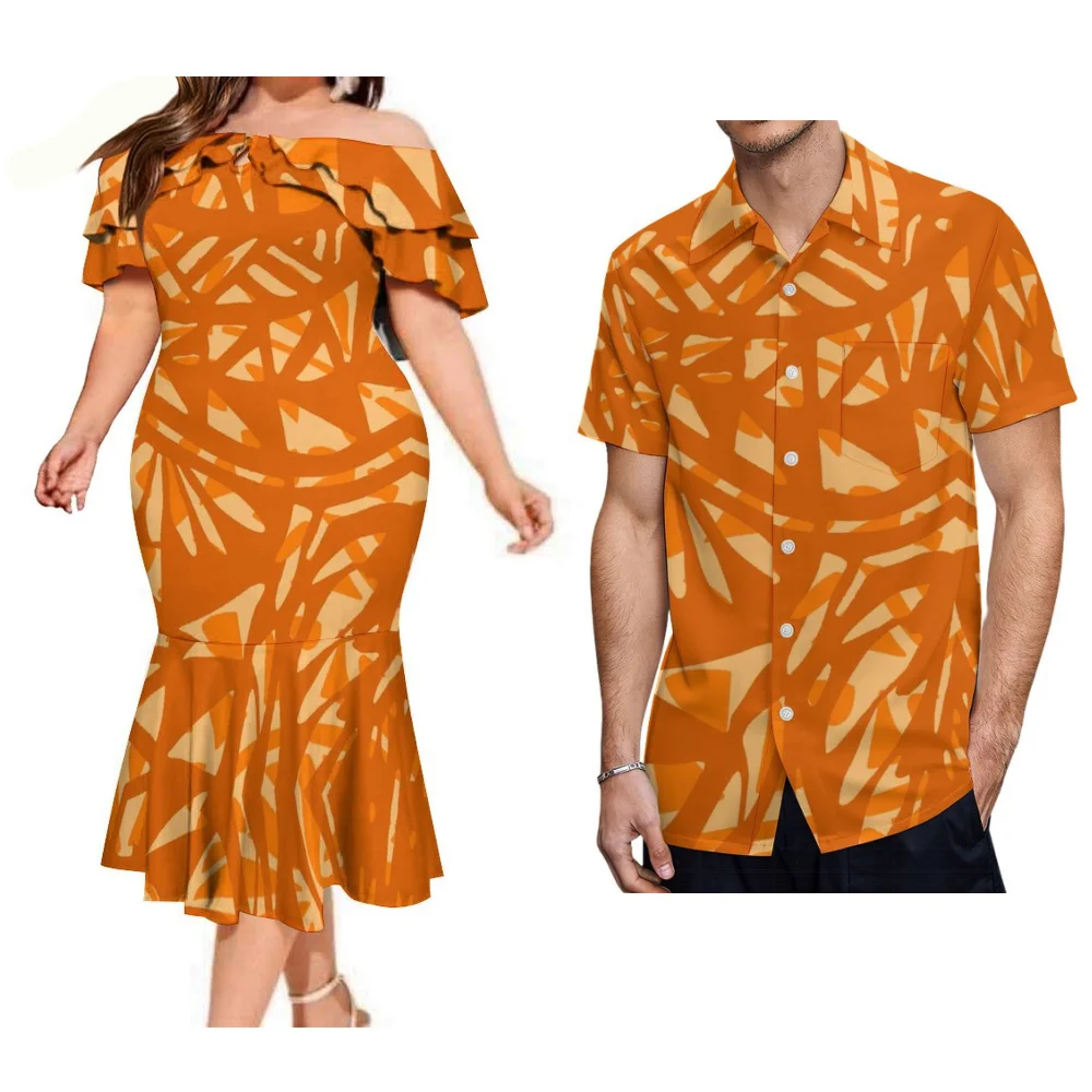 Vêtements de Couple élégants samoans de haute qualité, robe queue de poisson à épaules dénudées pour femmes, chemise pour hommes, vêtements polynésiens pour adultes