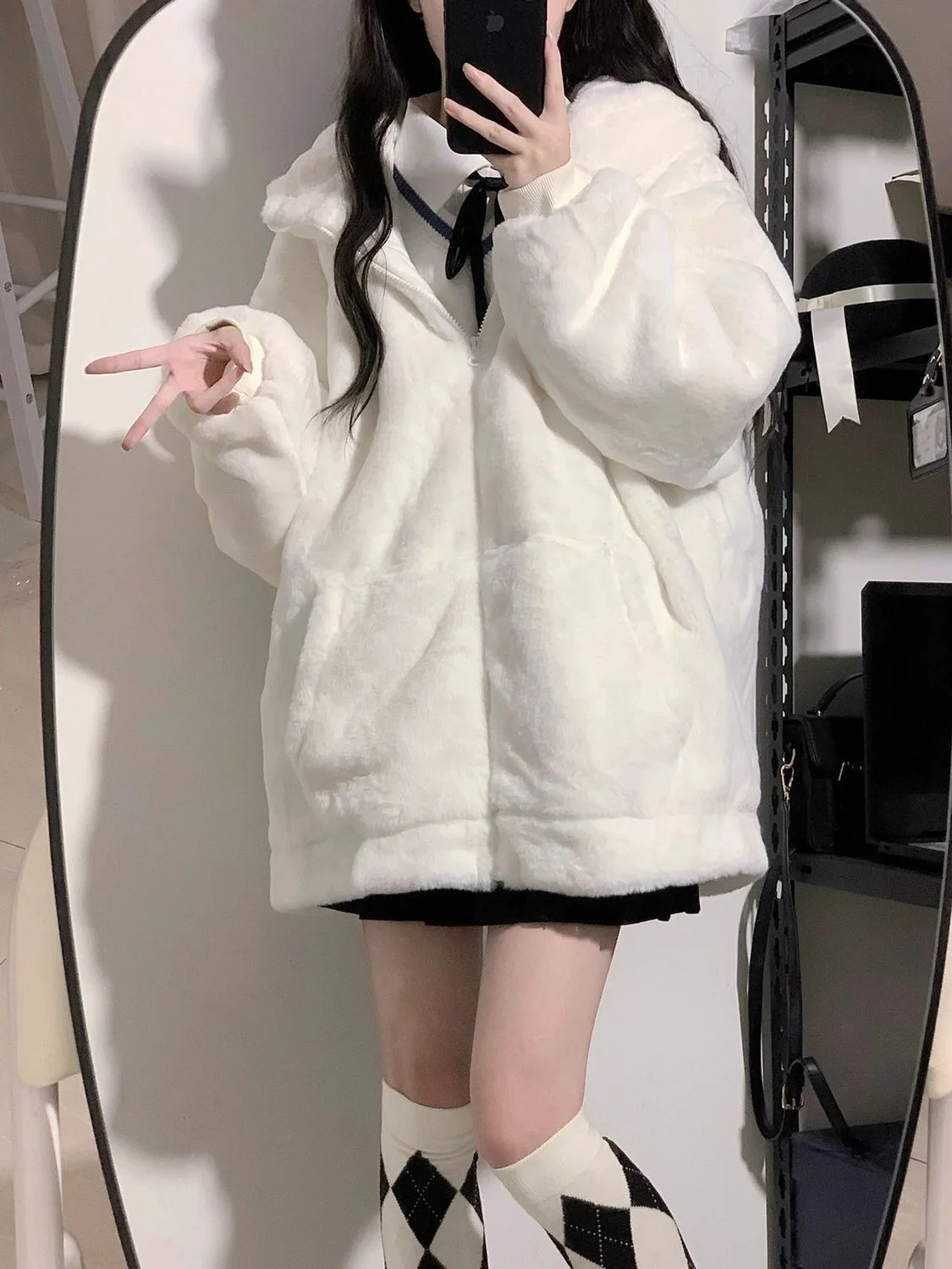 Winter White Thick Warm Hoodies Women Hooded Japan Korean Fashion Kawaii Baggy Zip-Up Hoodie Jacket Coats Y2k Streetwear