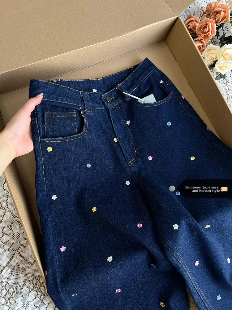 

High Waist Wide Leg Embroidered Denim Pants Women's Autumn Loose Slimming Floor-Length Trousers Sense Small Flower