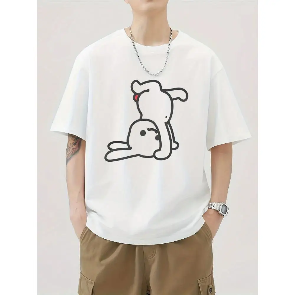 Men's Casual Crew Neck T Shirt Cute Rabbit Print Short Sleeve Regular Fit White Graphic T Shirt Design Everyday Wear Cotton Top