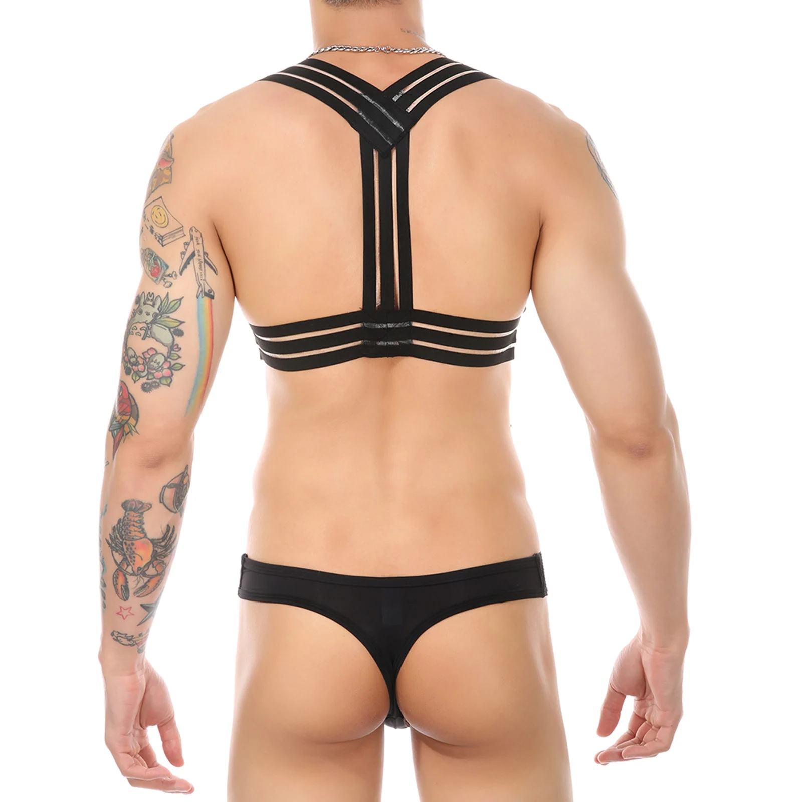 CLEVER-MENMODE Bondage Men Harness Thong Set Body Chest Costume Sexy Elastic Lingerie T-back Man Halter Neck Hombre Hollow Out