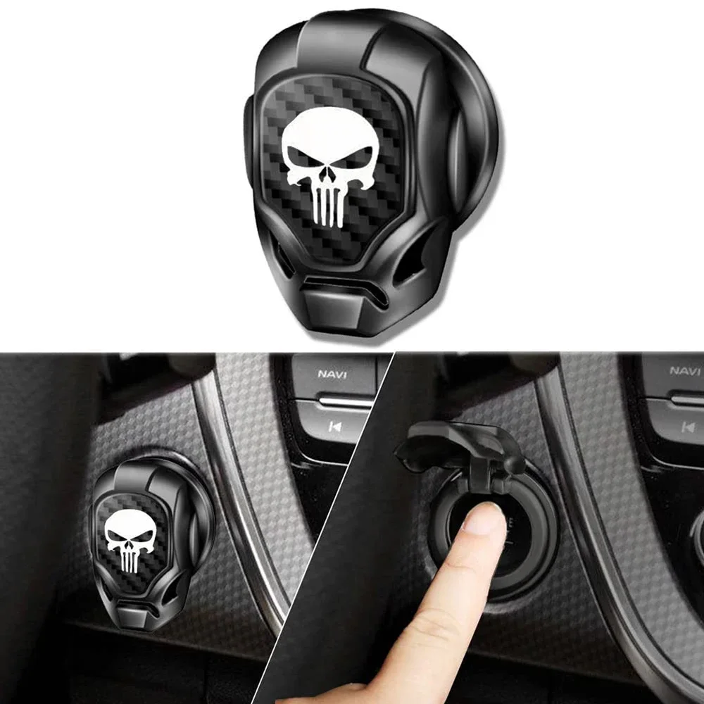 1Pcs Skull Car Push Start Stop Button Cover, Aluminum Alloy Carbon Fiber Engine Starter Push to Start Button Anti Scratch Cover