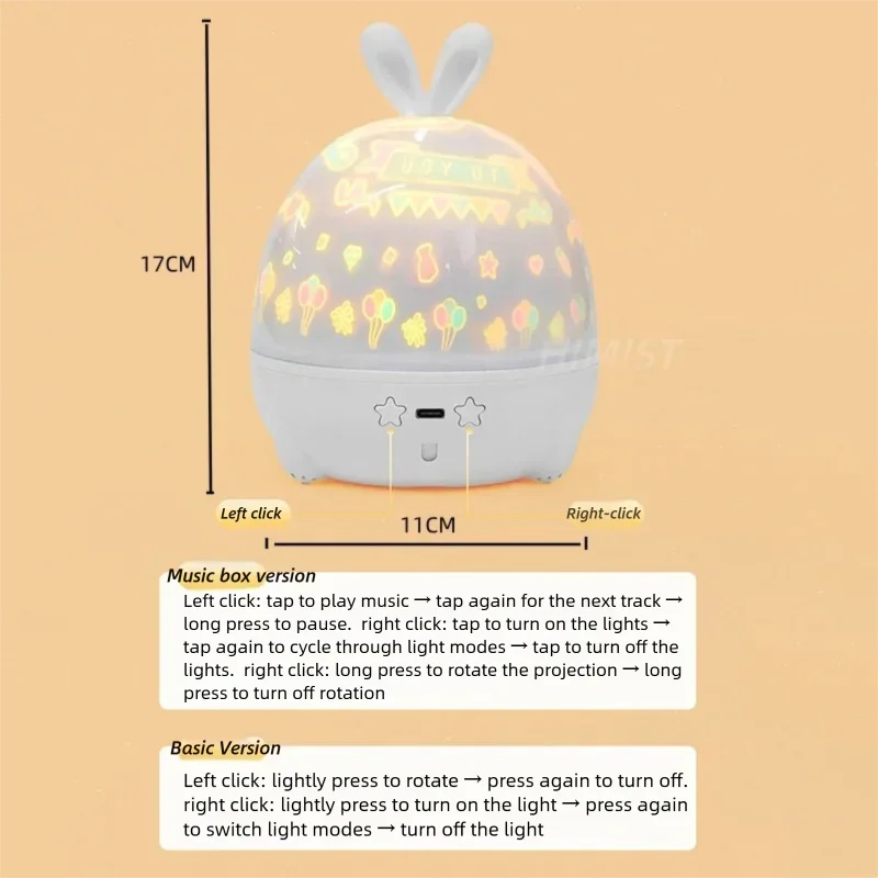 10 Films Rotating Projector Night Light with Music Box, Cute Rabbit Ear USB Mood Nightlight for Kids, Christmas Birthday Gifts
