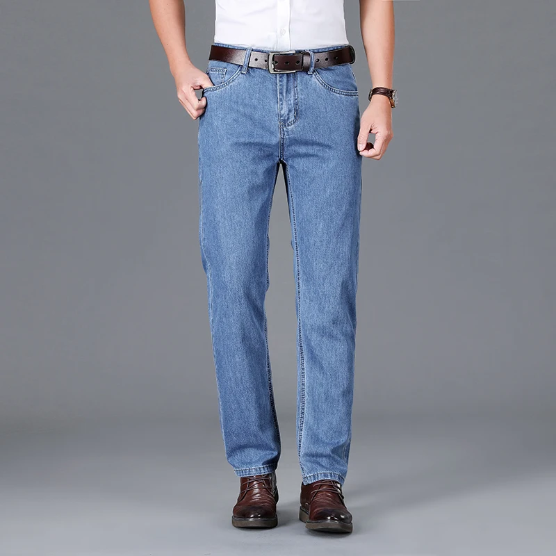 100% Cotton Men's Brand Thin Business Jeans Straight Slim Classic Male Trousers Fashion Casual Breathable Summer Denim Pants
