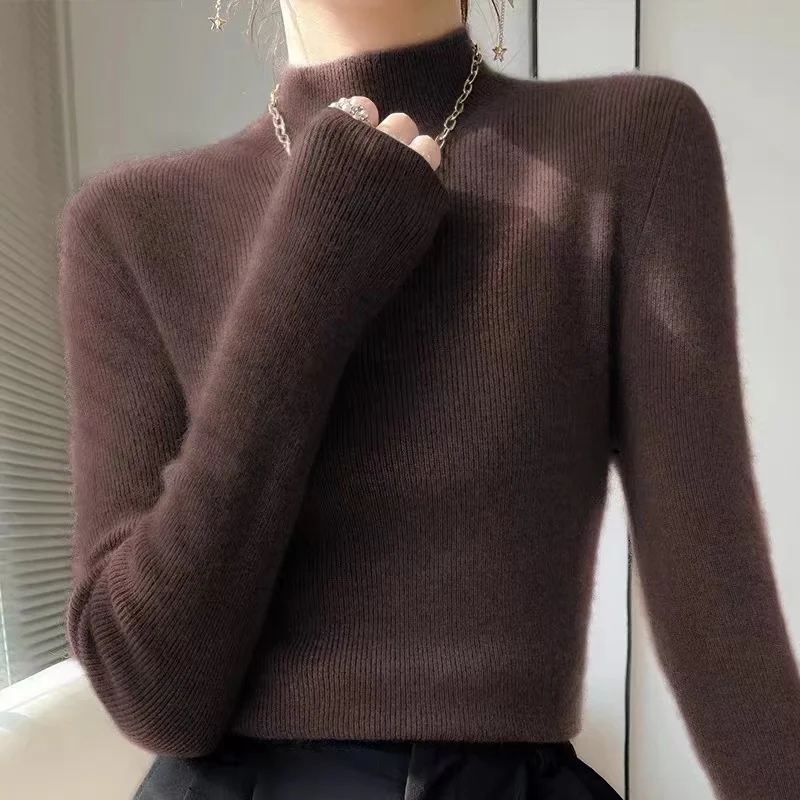 Autumn Women\'s Sweater Half High Neck Knitted Pullover Korean Version Slim Long Sleeve Solid Knitted Sweater