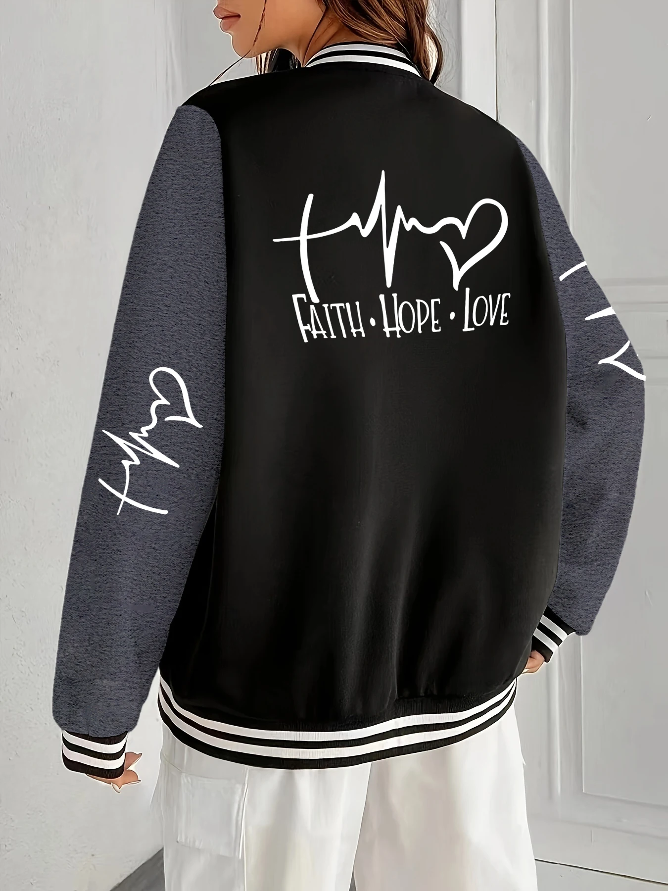 

Faith Hope Love Letter Graphic Print Unisex Jacket Sport Warm Baseball Jersey Loose Hip Hop Veste Woman Basic Vintage Sportswear